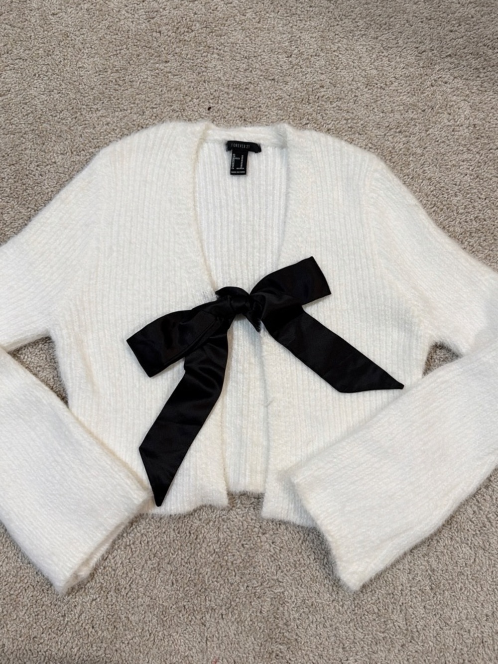 Forever 21 White Cropped Cardigan with Black Bow